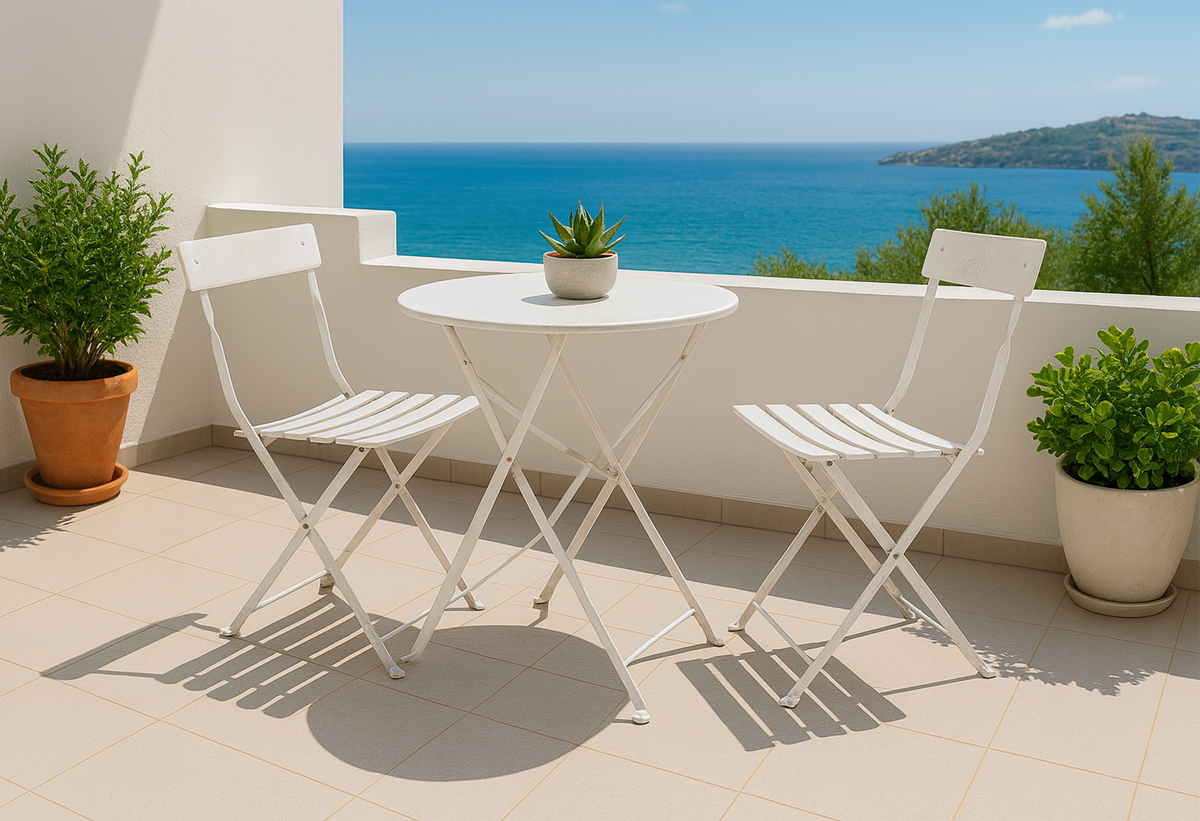 Απεικονίζονται δυο καρέκλες Santorini δίπλα από ένα τραπέζι.